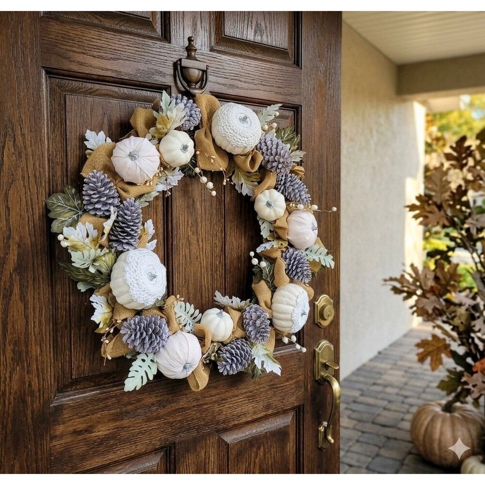 Stunning 32" Handcrafted XL Neutral Fall Wreath with Crocheted Pumpkin Accents